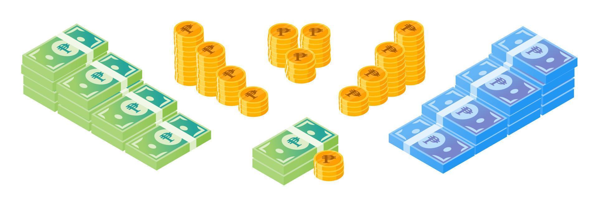 Conjunto de dinheiro e moedas em pesos filipinos vetor