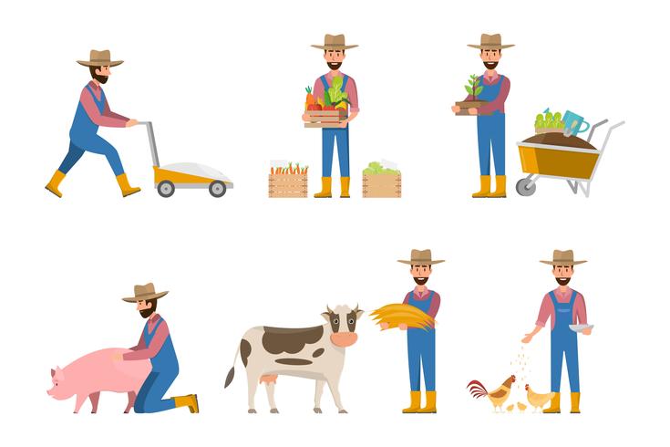 desenho de agricultor feliz em muitos caracteres definido vetor