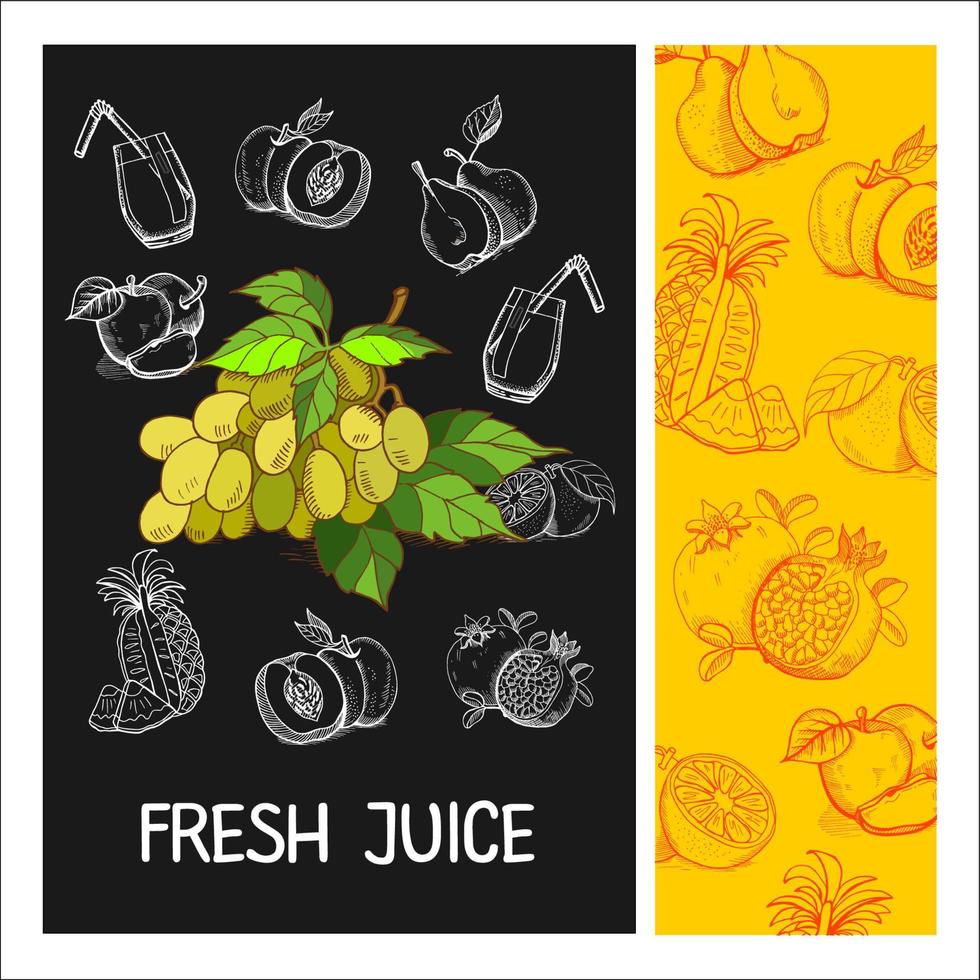 suco de uva. fruta. ilustração vetorial. frutas desenhadas com giz em um quadro negro. mão desenhada ilustração vetorial. vetor