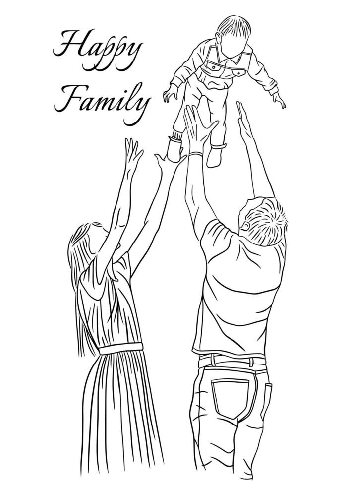 Família feliz estilo de arte de linha com mãe, pai e filho desenhados à mão ilustrados vetor