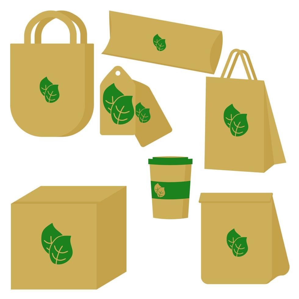 Conjunto de embalagens ecológicas para vários produtos, embalagens para coisas e itens, sacolas de compras, sacola de papel marrom, recipiente para alimentos e copo de bebida em estilo simples com o símbolo de folha verde vetor