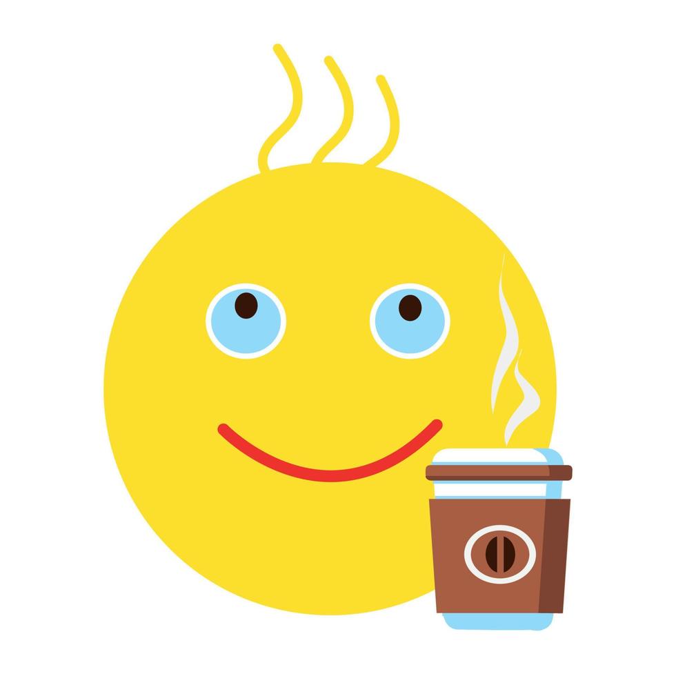 emoções, smiley de bom humor com um copo de café quente vetor