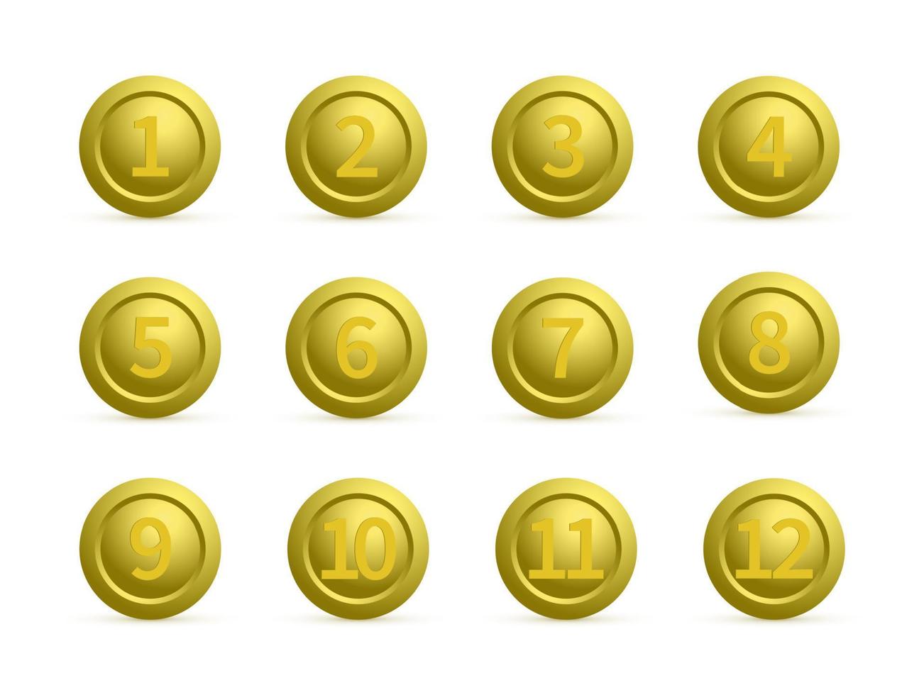 conjunto de botões redondos dourados com números de 1 a 12 com sombras. botões dourados isolados no branco. ícones do vetor de emblemas numerados. Chaves 3D para sites e aplicativos móveis. modelo fácil de editar.