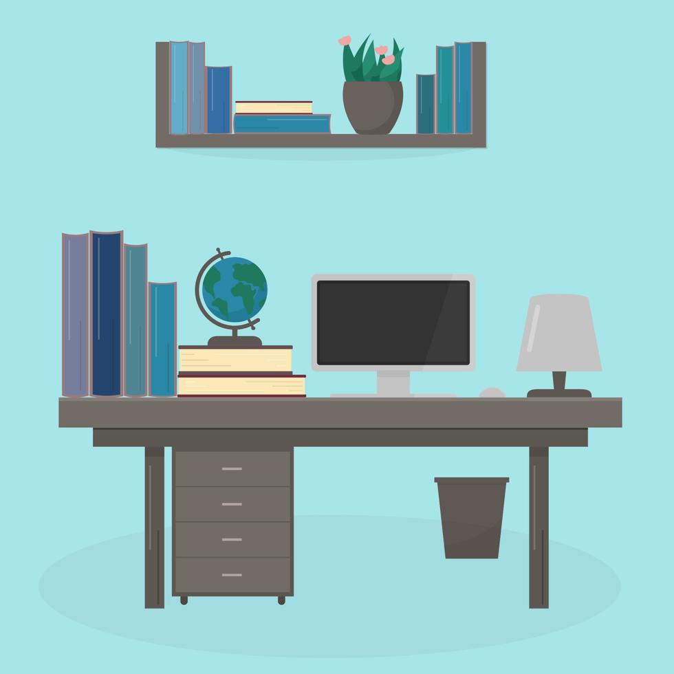 ilustração do vetor em estilo simples de mesa com computador, livros, lâmpada e globo nele, estante. local de trabalho do aluno. quarto ou interior do escritório. educação e conceito de aprendizagem.