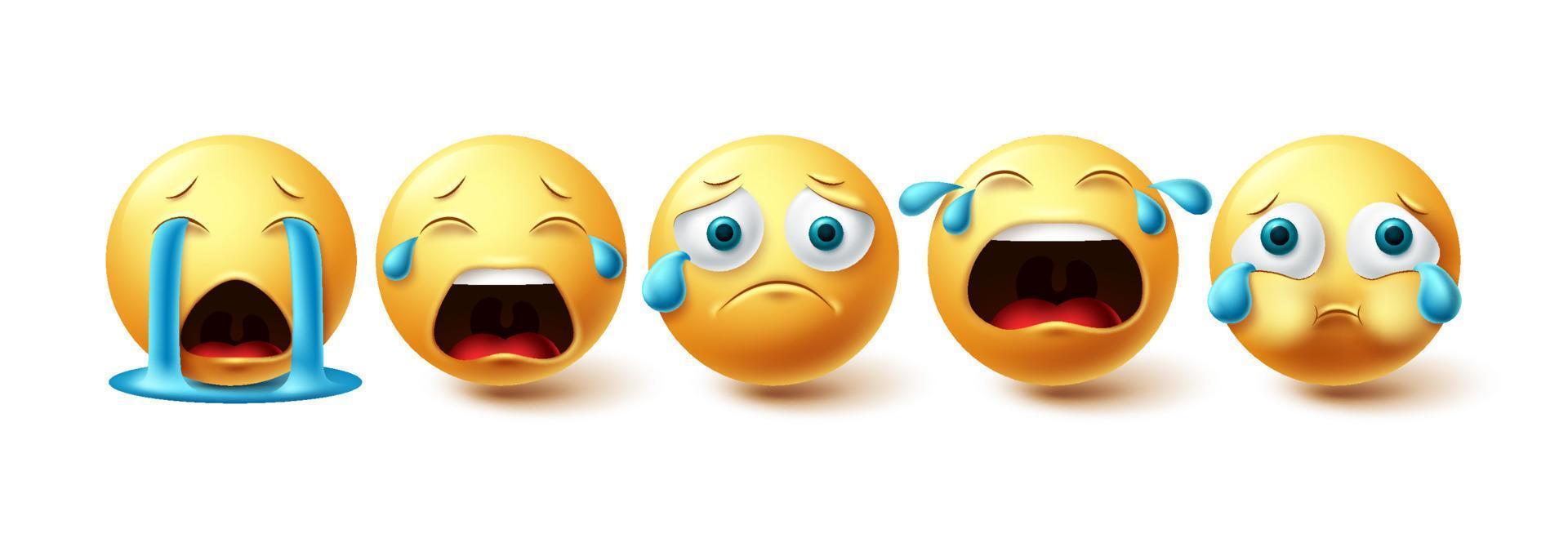 emoticon chorando conjunto de vetores. coleção triste de emojis e ícone amarelo para elementos gráficos isolados no fundo branco. ilustração vetorial vetor