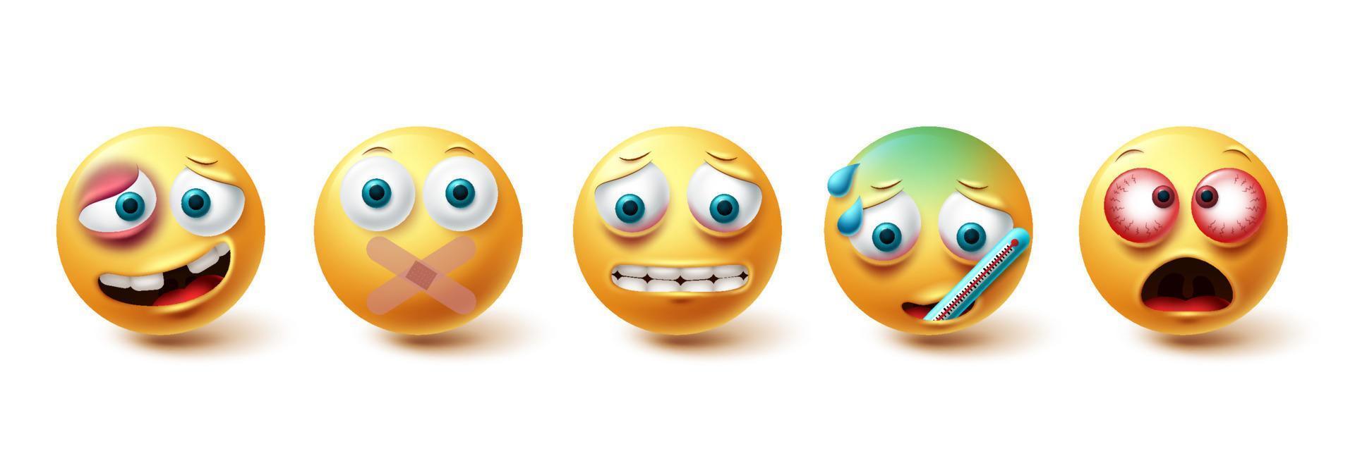 conjunto de vetores doentes emoji. emojis coleção de ícones cansados, doentes, silenciosos e irritados, isolada no fundo branco para design de elementos gráficos. ilustração vetorial