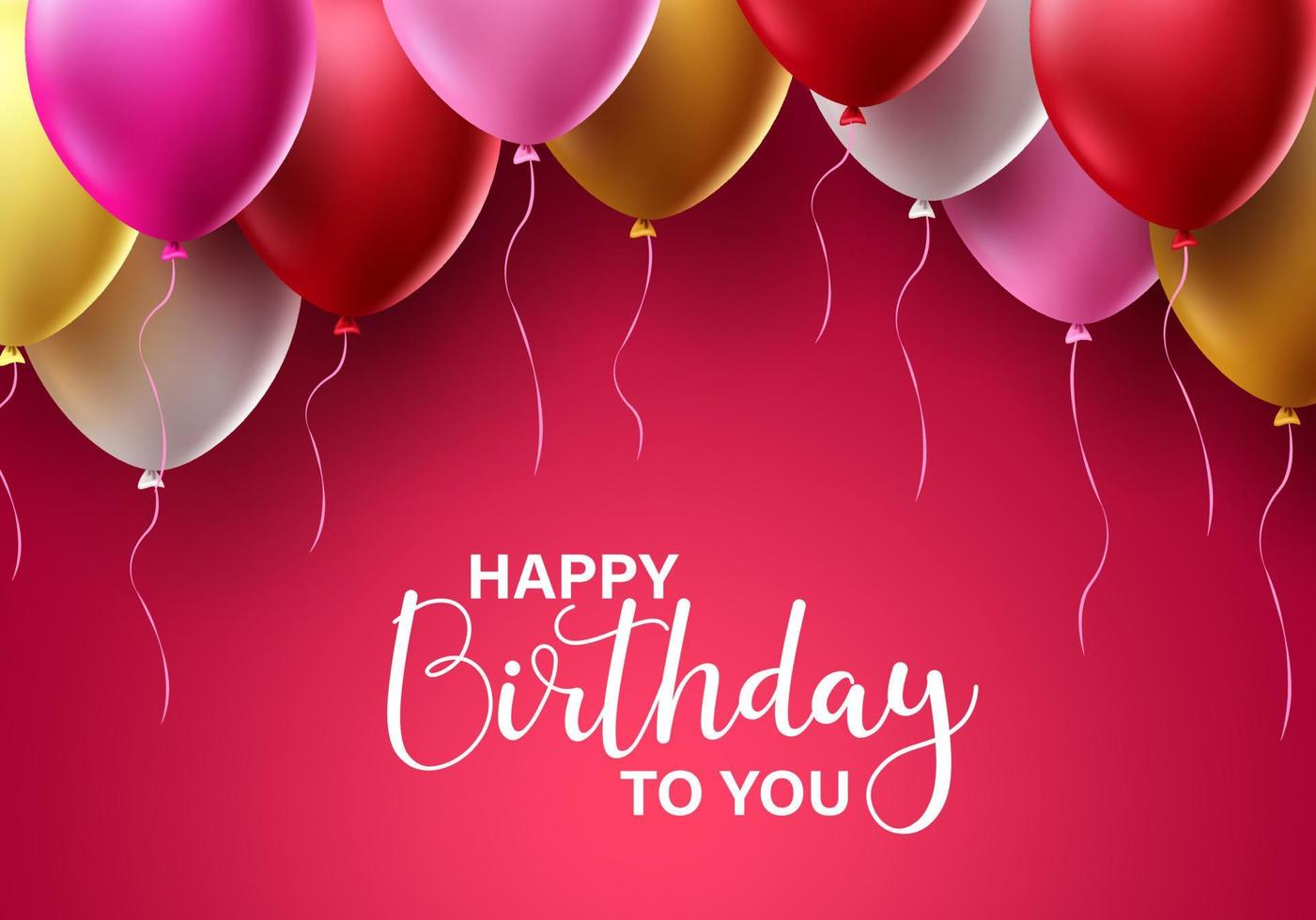 design de cartão de saudação de vetor de aniversário. texto de feliz aniversário com balões coloridos para cartão de convite e celebração em fundo vermelho. ilustração vetorial.