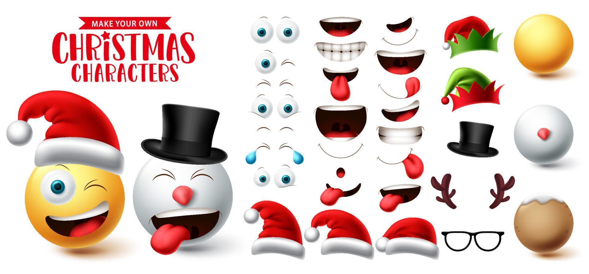 conjunto de vetores de criação de emoji de Natal. emojis face olhos, boca, chapéu e personagem de criador de coleção de emoticon de cabeça para design de elementos gráficos de natal. ilustração vetorial.