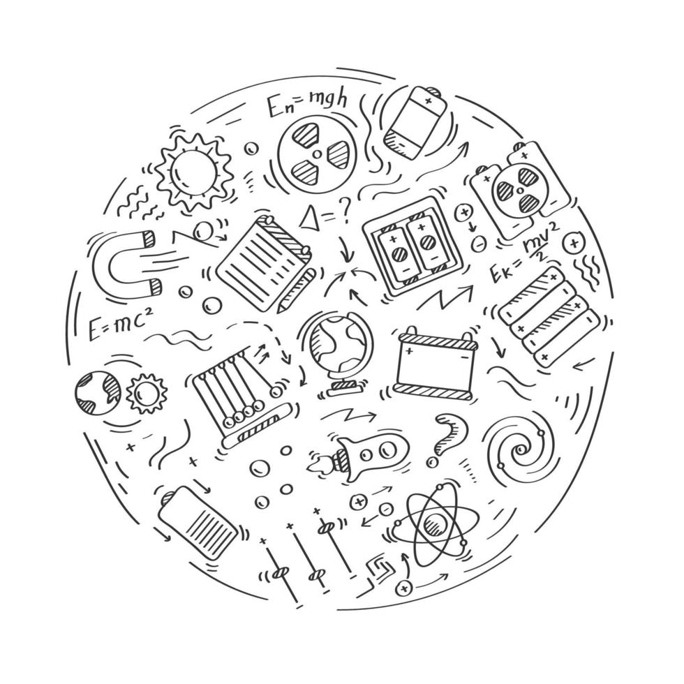 círculo conjunto de ícones lineares do doodle. ímã, radiação, energia, cinética, solar, bateria, acumulador, átomo, carga, universidade. conjunto de vetores lineares isolado no fundo branco