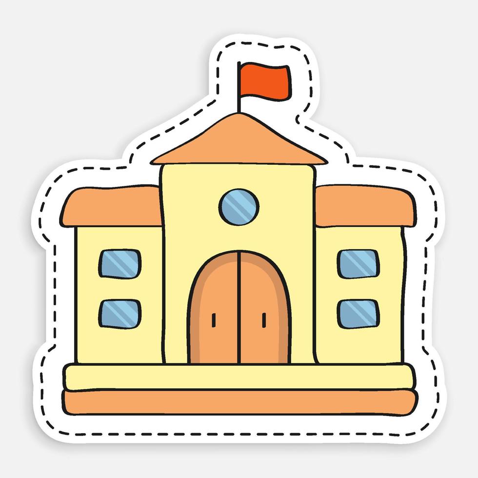 ícone dos desenhos animados de etiqueta de casa de escola doodle em traço pontilhado. exterior do edifício da universidade. vetor isolado no fundo branco