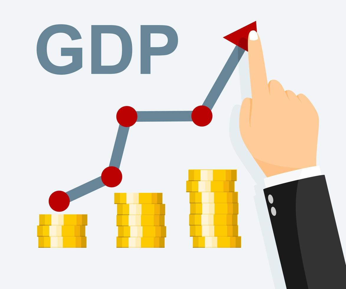 conceito de crescimento do PIB. orçamento do governo, gastos públicos. empresário levanta gráficos de seta. incremento no orçamento financeiro anual. vetor