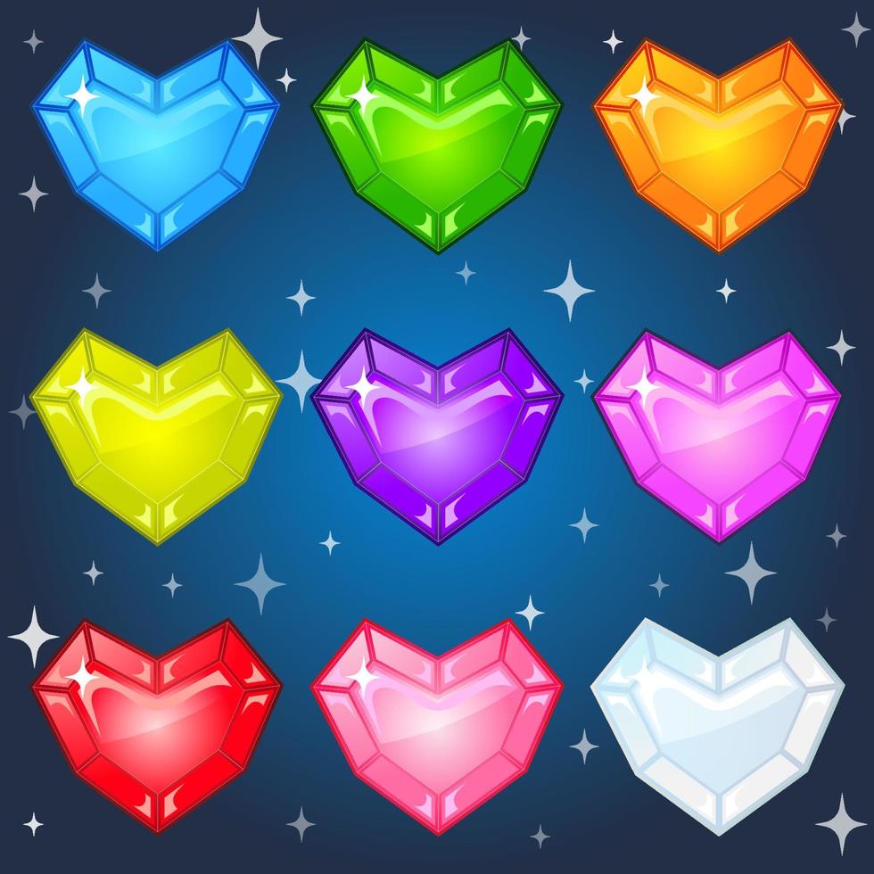joias coloridas com formato de corações para 3 jogos de jogo vetor
