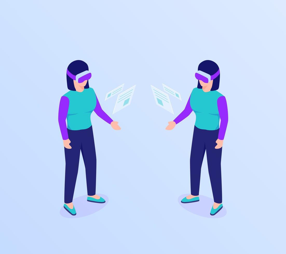 conceito de vidro de realidade virtual vr com uso feminino para acessar informações de dados com estilo plano isométrico vetor