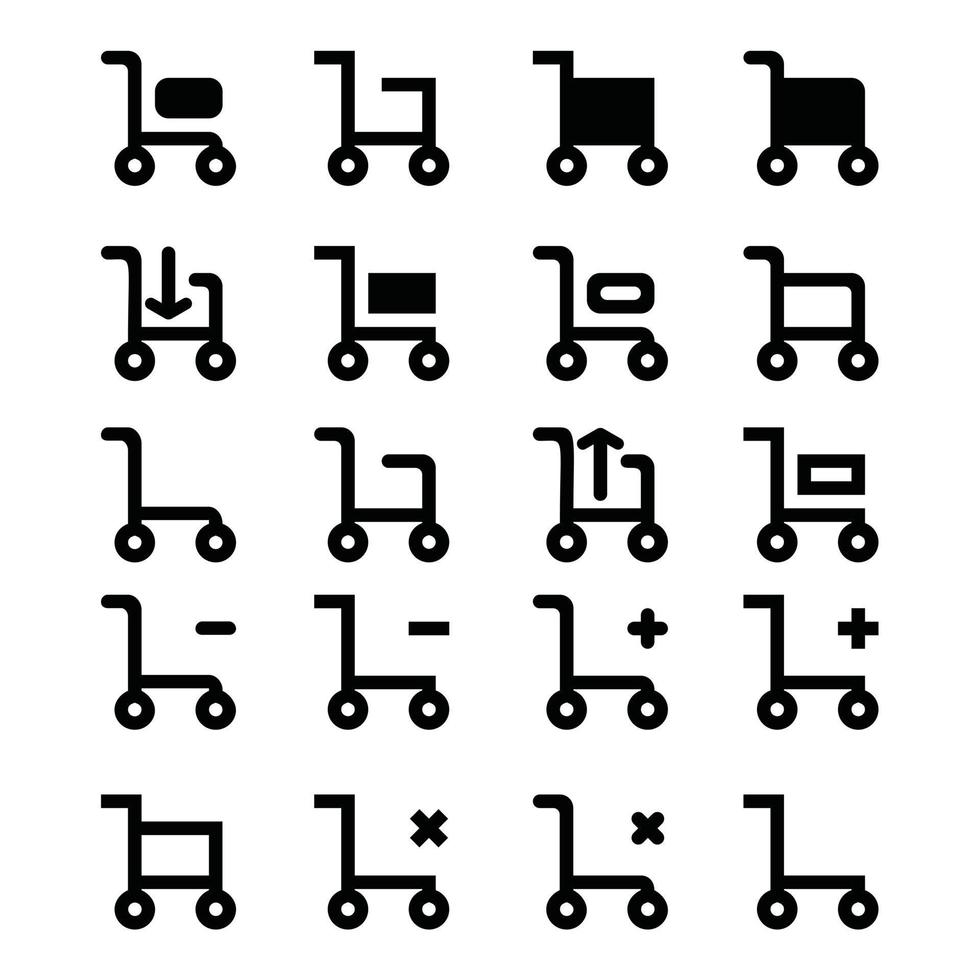 conjunto de ícones de vetor de ícones relacionados com carrinho de compras, kit preto e branco