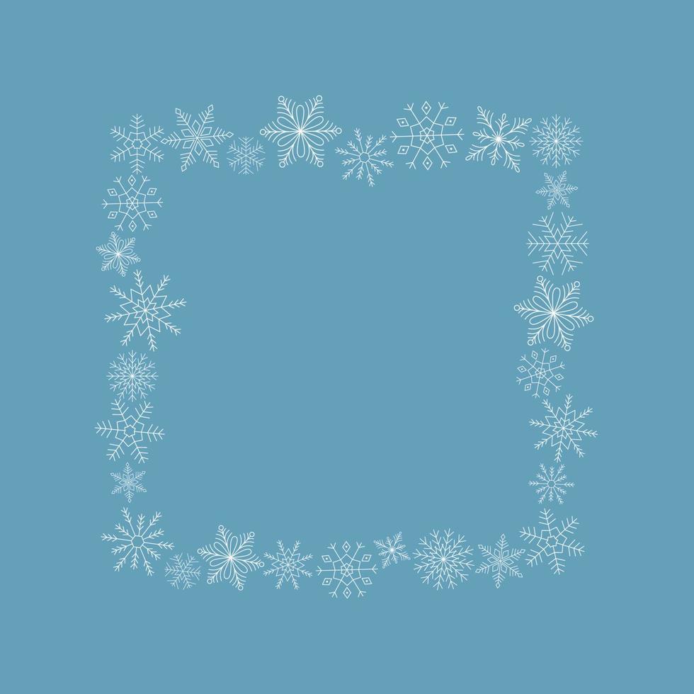 moldura quadrada de flocos de neve brancos sobre fundo azul. modelo para design de inverno. vetor