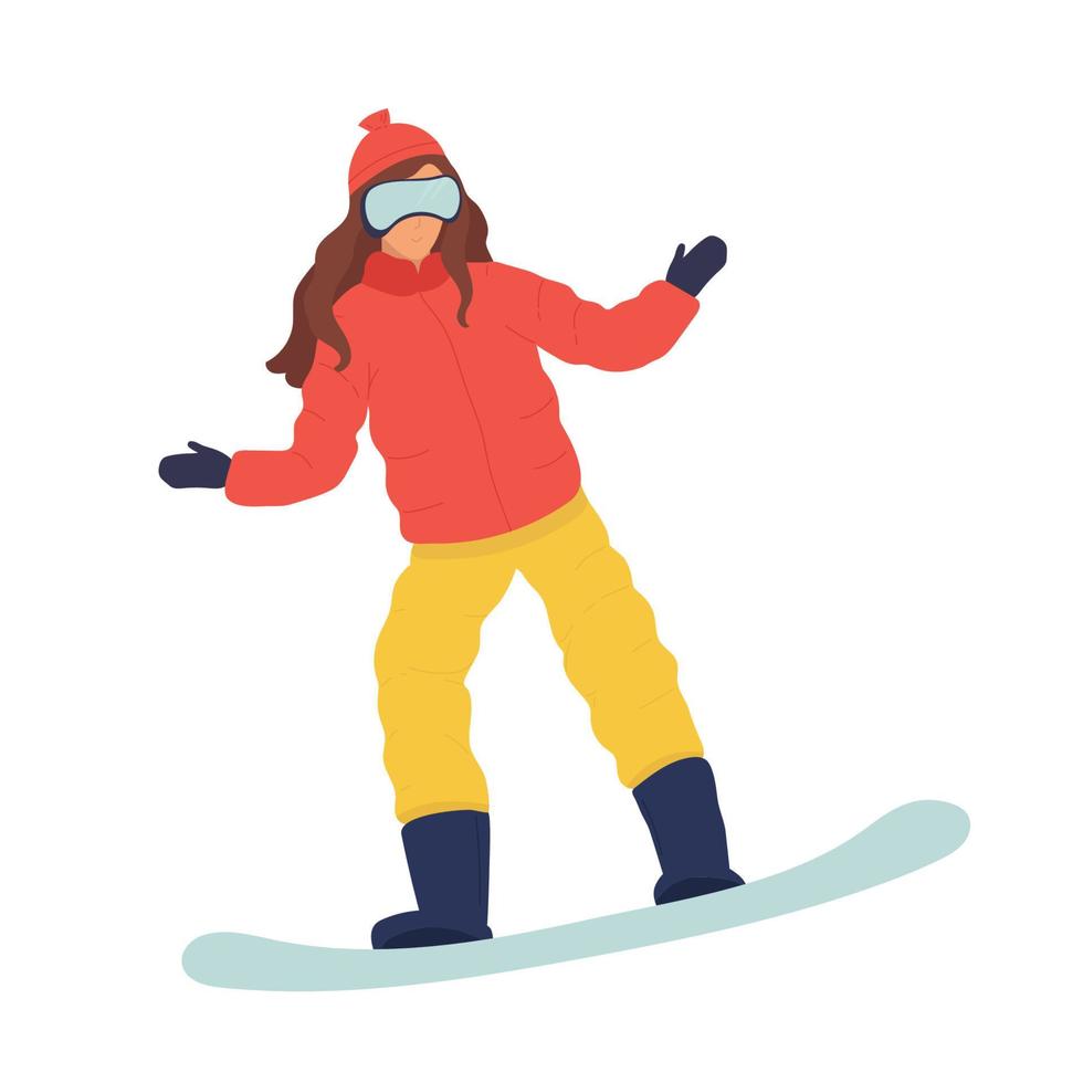 salto do snowboarder dos desenhos animados do vetor. jovem mulher ou garota no snowboard. inverno plano. ilustração vetorial plana no estilo cartoon. esporte. vetor