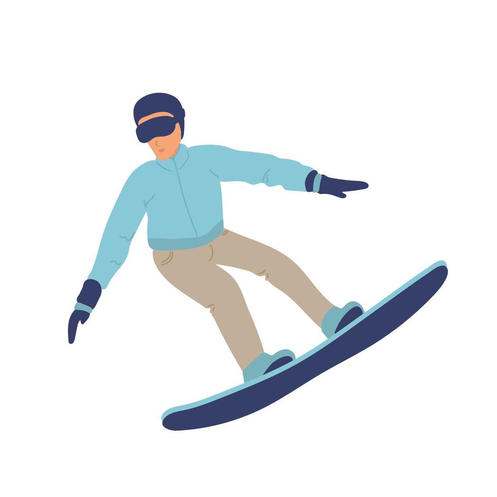 salto do snowboarder dos desenhos animados do vetor. jovem ou menino no snowboard. inverno plano. ilustração vetorial plana no estilo cartoon. esporte vetor