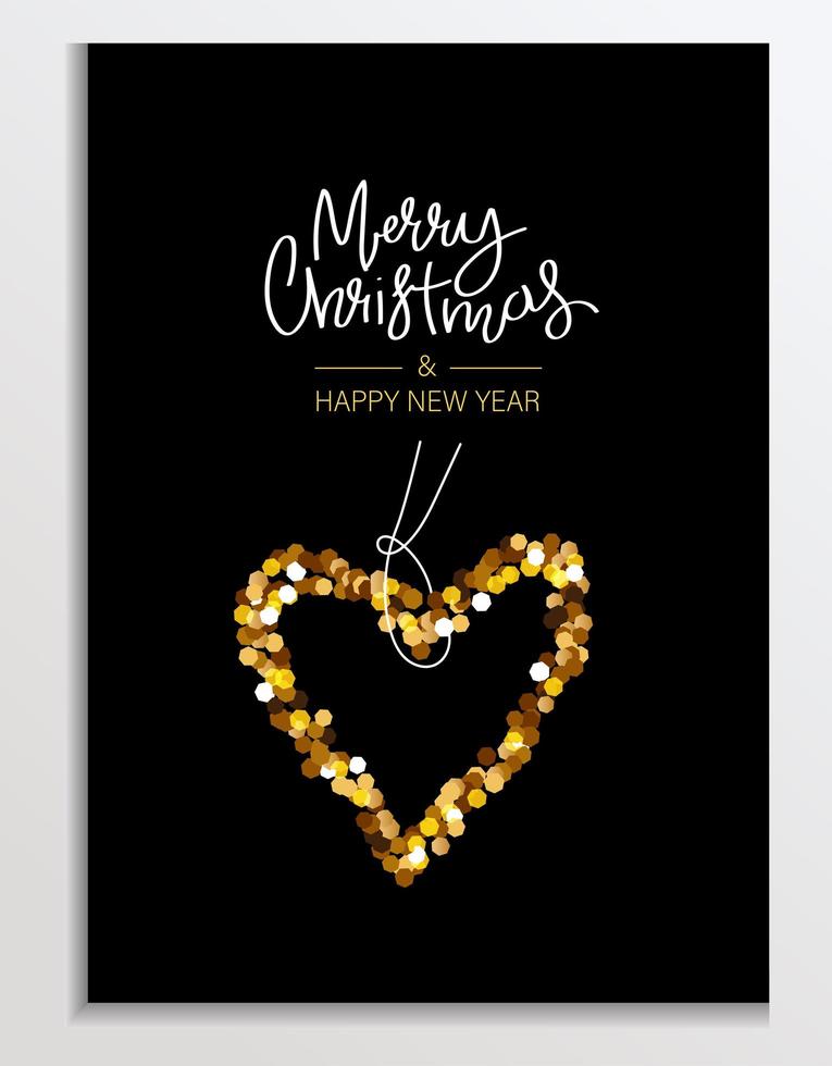 cartão glitter dourados com decoração hart. letras de feliz natal e feliz ano novo. fundo brilhante, saudação ou cartão corporativo, cartaz, capa de férias. ilustração vetorial brilhante vetor