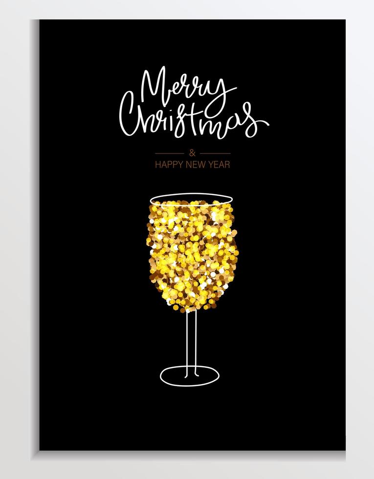 cartão glitter dourado com uma taça de champanhe ou vinho espumante. letras de feliz natal e feliz ano novo. plano de fundo, saudação ou cartão corporativo, cartaz, capa de férias. ilustração vetorial vetor