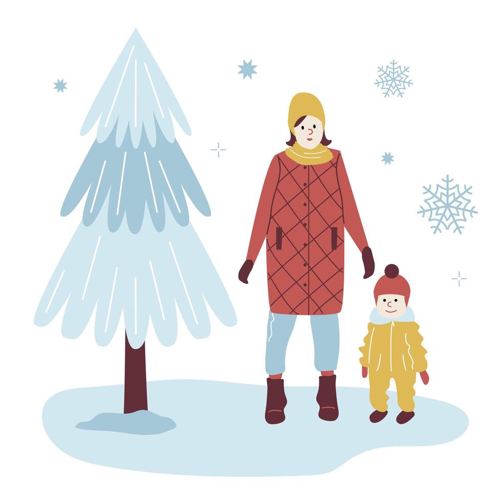 mãe e bebê em uma caminhada de inverno em outerwear da moda, caminhando no parque. mulher e criança entre os flocos de neve ao lado da árvore. ilustração vetorial em estilo simples para cartaz, cartão, site, banner vetor