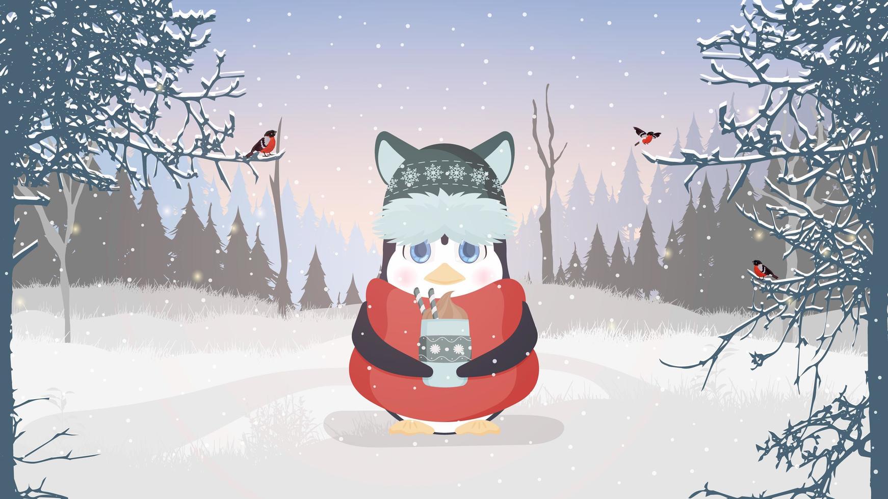 um pinguim com roupas quentes de inverno tem uma xícara nas mãos. um pinguim fofo em um bosque nevado está bebendo uma bebida quente. cartão postal pronto para um tema de inverno. vetor