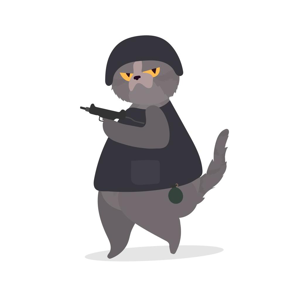 um gato engraçado com um olhar sério segura uma arma nas patas. um gato em uniforme militar empunha uma arma. bom para adesivos, camisetas e cartões. isolado. vetor. vetor