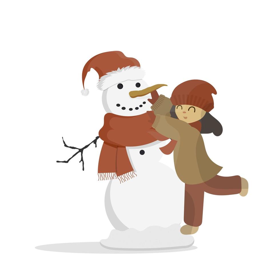 a garota faz um boneco de neve. boneco de neve, garota com roupas quentes de inverno. isolado no fundo branco. desenhos animados, ilustração vetorial. vetor