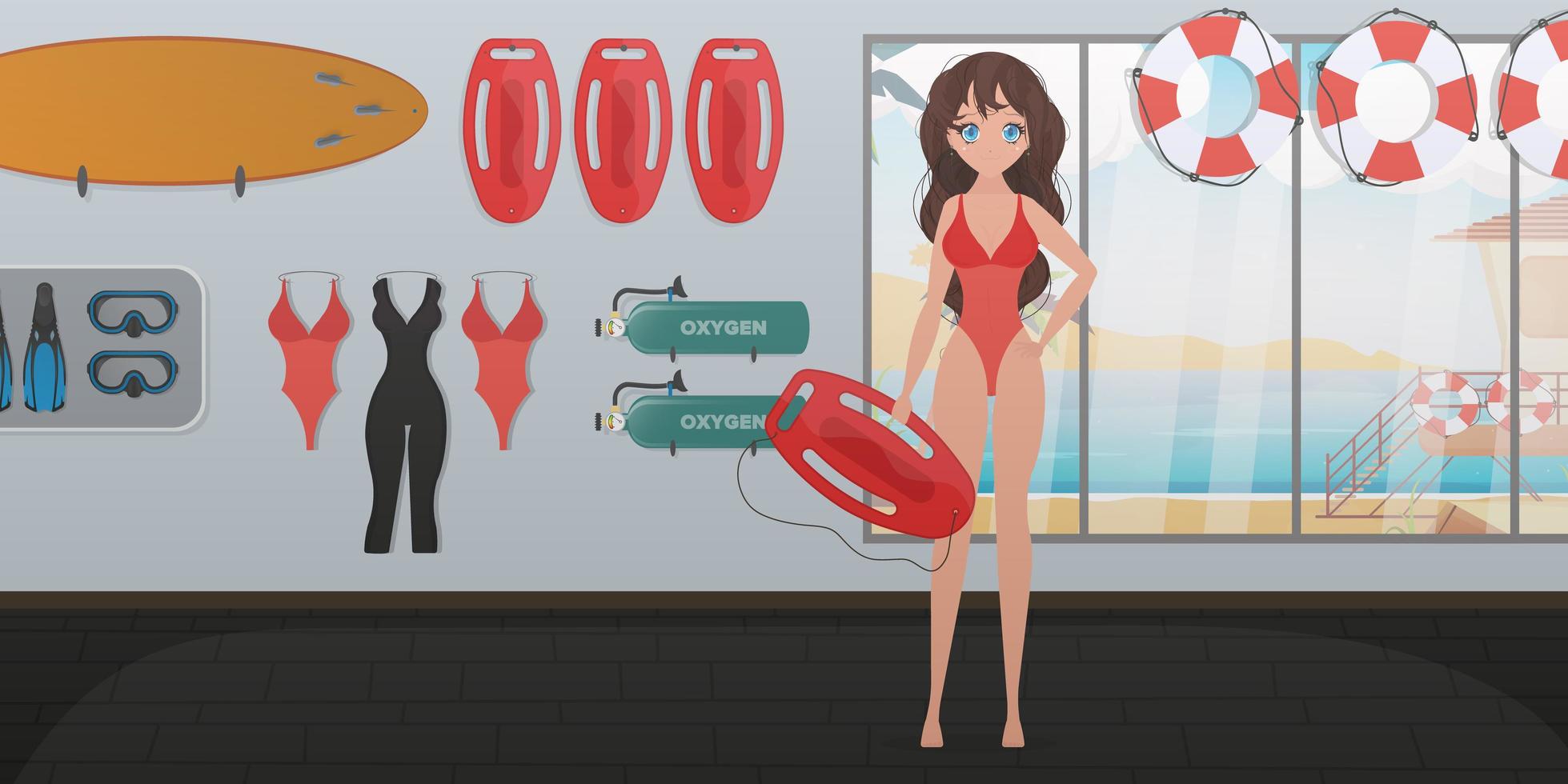 uma garota em um maiô vermelho segura uma prancha salva-vidas. mulher salva-vidas na sala do salva-vidas. estilo dos desenhos animados. ilustração vetorial. vetor
