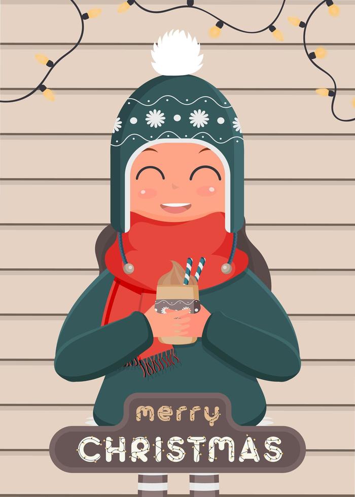 cartão postal feliz natal. uma garota com roupas quentes de inverno e óculos tem uma bebida quente nas mãos. fundo de madeira. ilustração vetorial. vetor