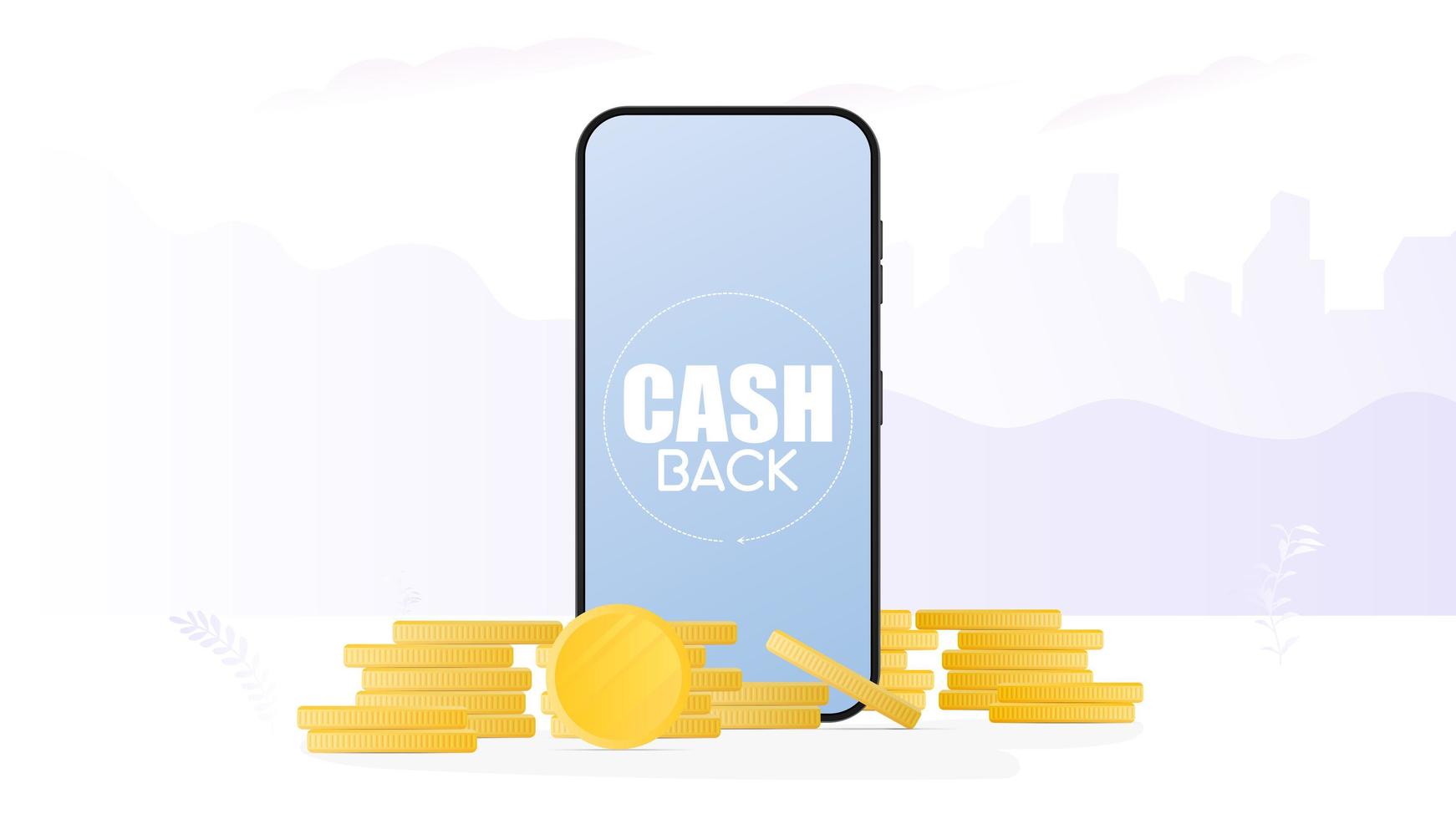 banner cashback. telefone realista e moedas de ouro. smartphone moderno. vetor. vetor