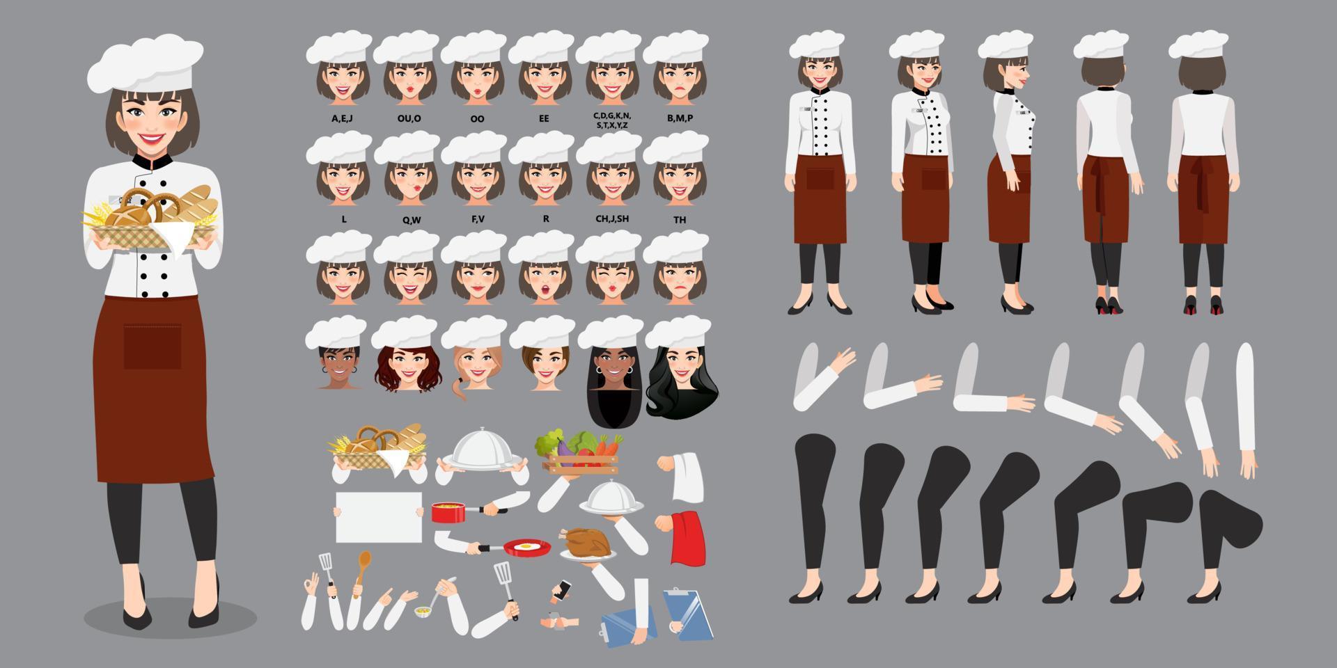 personagem de desenho animado profissional chef mulher na criação uniforme definido com vários pontos de vista, penteados, emoções de rosto, sincronização labial e poses. partes do modelo do corpo para trabalho de design e animação vetor