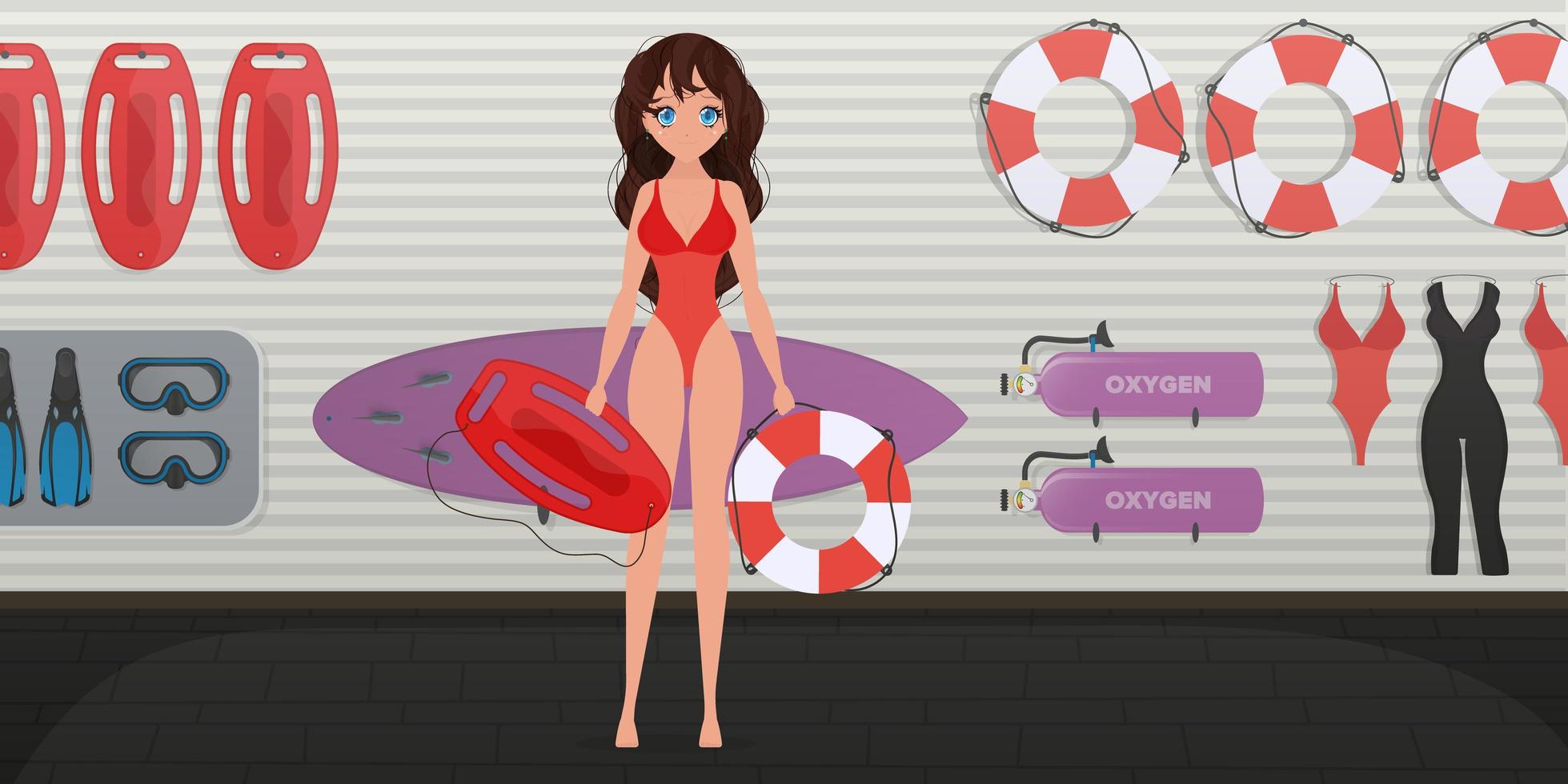 uma garota em um maiô vermelho segura uma prancha salva-vidas e um anel inflável. mulher salva-vidas na sala do salva-vidas. estilo dos desenhos animados. vetor