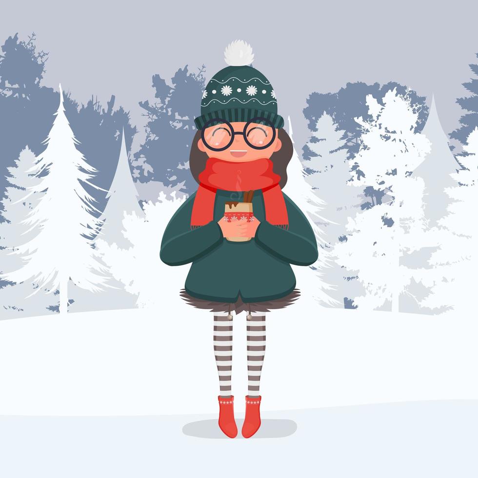 uma garota em um bosque nevado bebe uma bebida quente. uma mulher com roupas quentes de inverno tem uma xícara nas mãos. ilustração vetorial. vetor