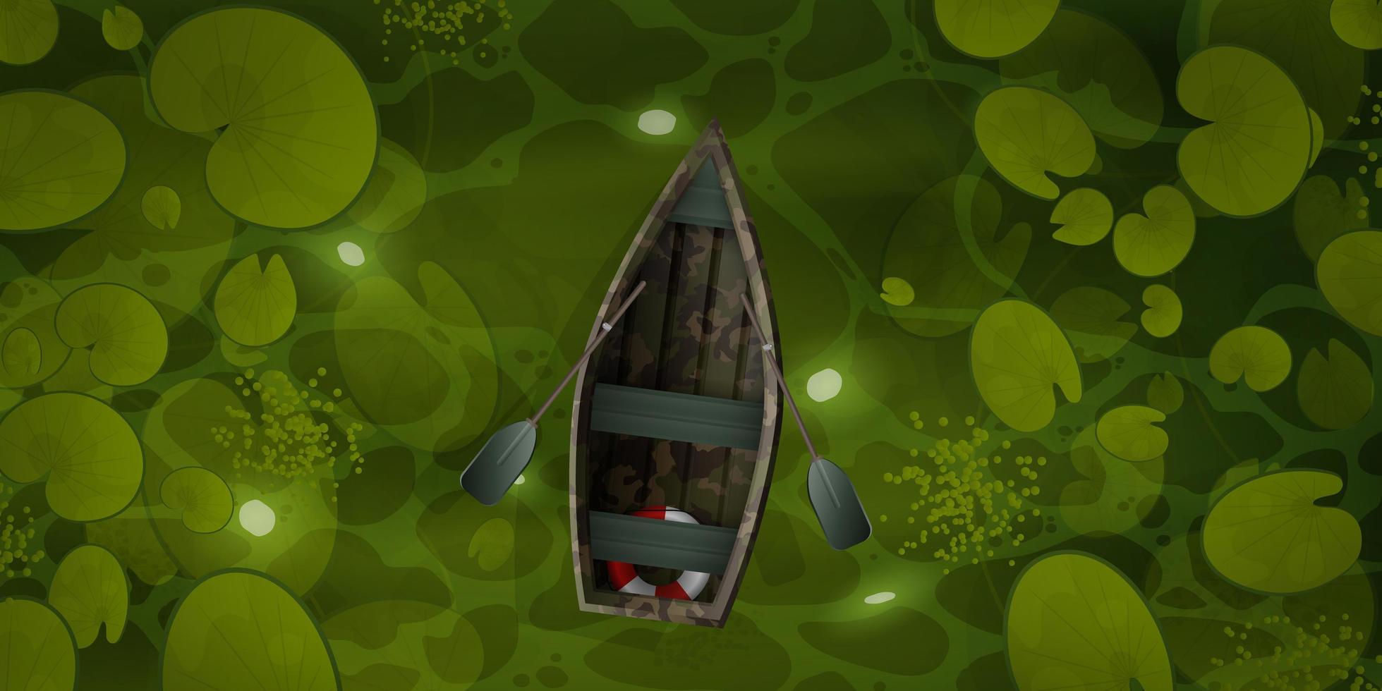 barco de camuflagem flutua pelo pântano com folhas de nenúfar, vista superior. paisagem de um rio verde ou superfície ocre com plantas aquáticas. estilo de desenho vetorial vetor