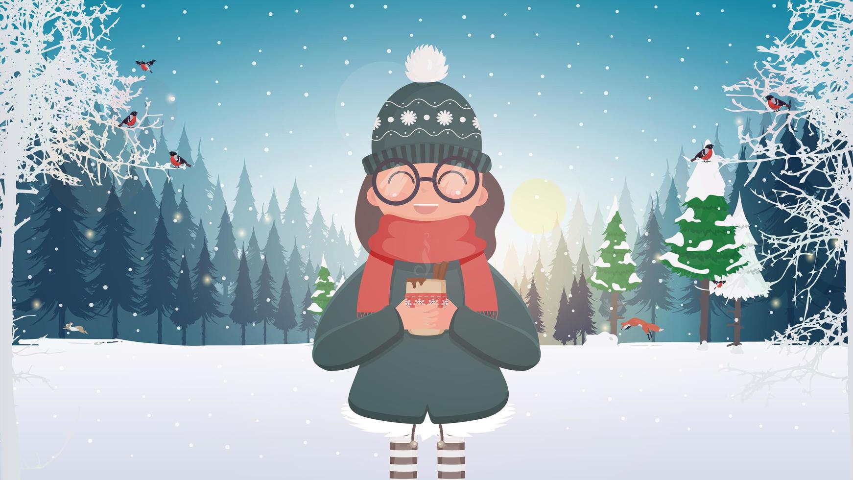 uma mulher com roupas quentes de inverno e óculos tem uma xícara nas mãos. uma garota em um bosque nevado bebe uma bebida quente. ilustração vetorial. vetor
