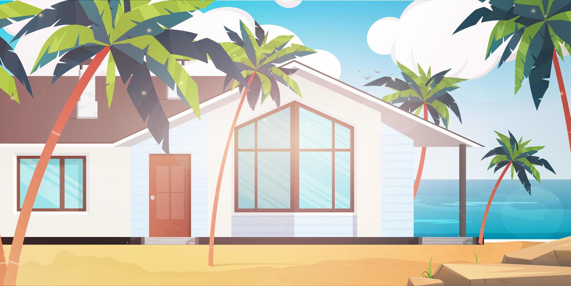 um hotel em um mar azul, limpo e calmo. villa em uma praia de areia com palmeiras. conceito de férias de verão. vetor