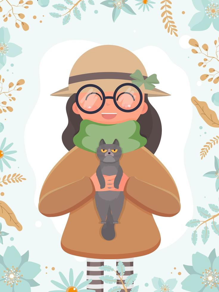 uma linda garota de chapéu e óculos tem um gato nas mãos. adequado para a concepção de postais e livros. vetor