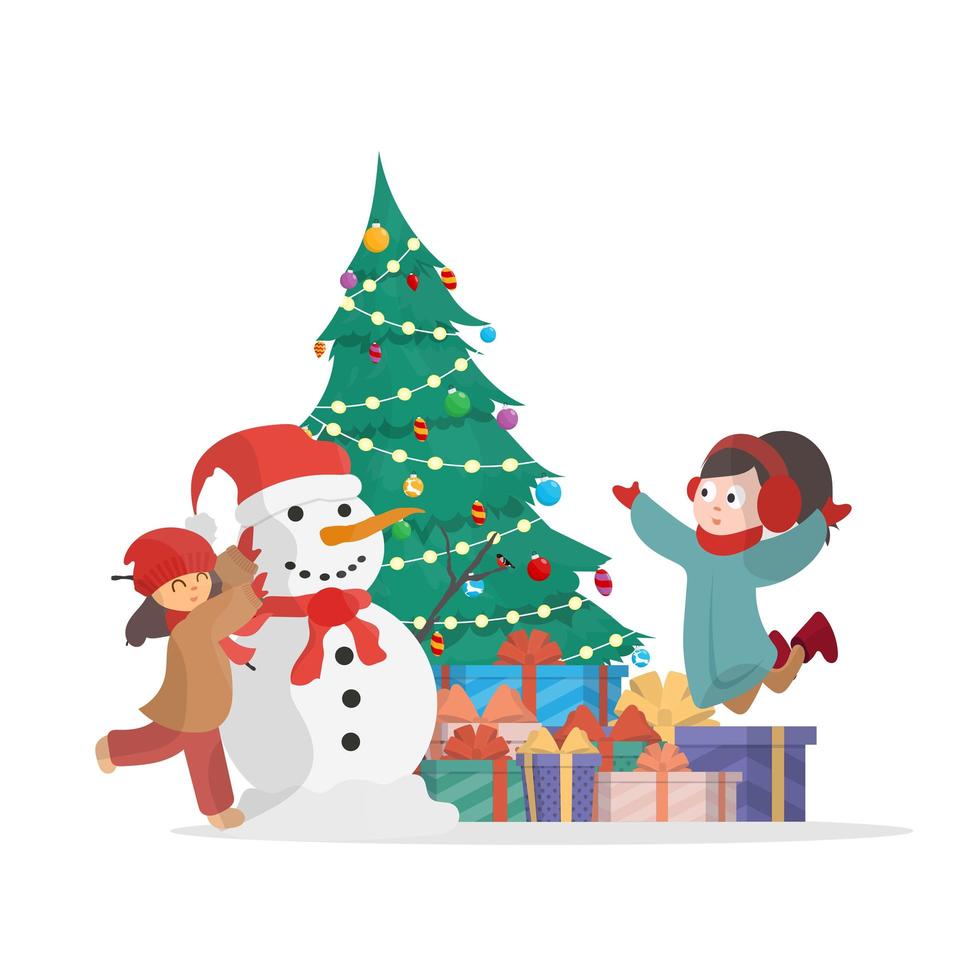 crianças esculpindo um boneco de neve no fundo de uma árvore de Natal e presentes. boneco de neve, garota com roupas quentes de inverno. isolado. desenhos animados, ilustração vetorial. vetor