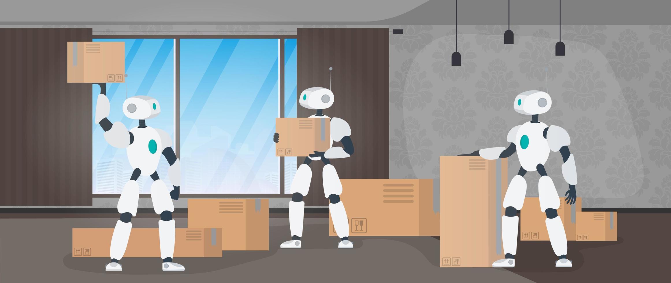 movendo banner para casa. mudar para um novo lugar. um robô branco segura uma caixa. caixas de papelão. o conceito de futuro, entrega e carregamento de mercadorias por meio de robôs. vetor. vetor