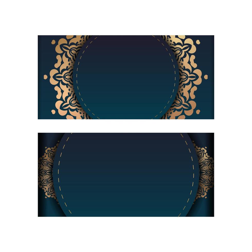 modelo de folheto de saudação com gradiente de cor azul com luxuoso padrão ouro preparado para impressão. vetor