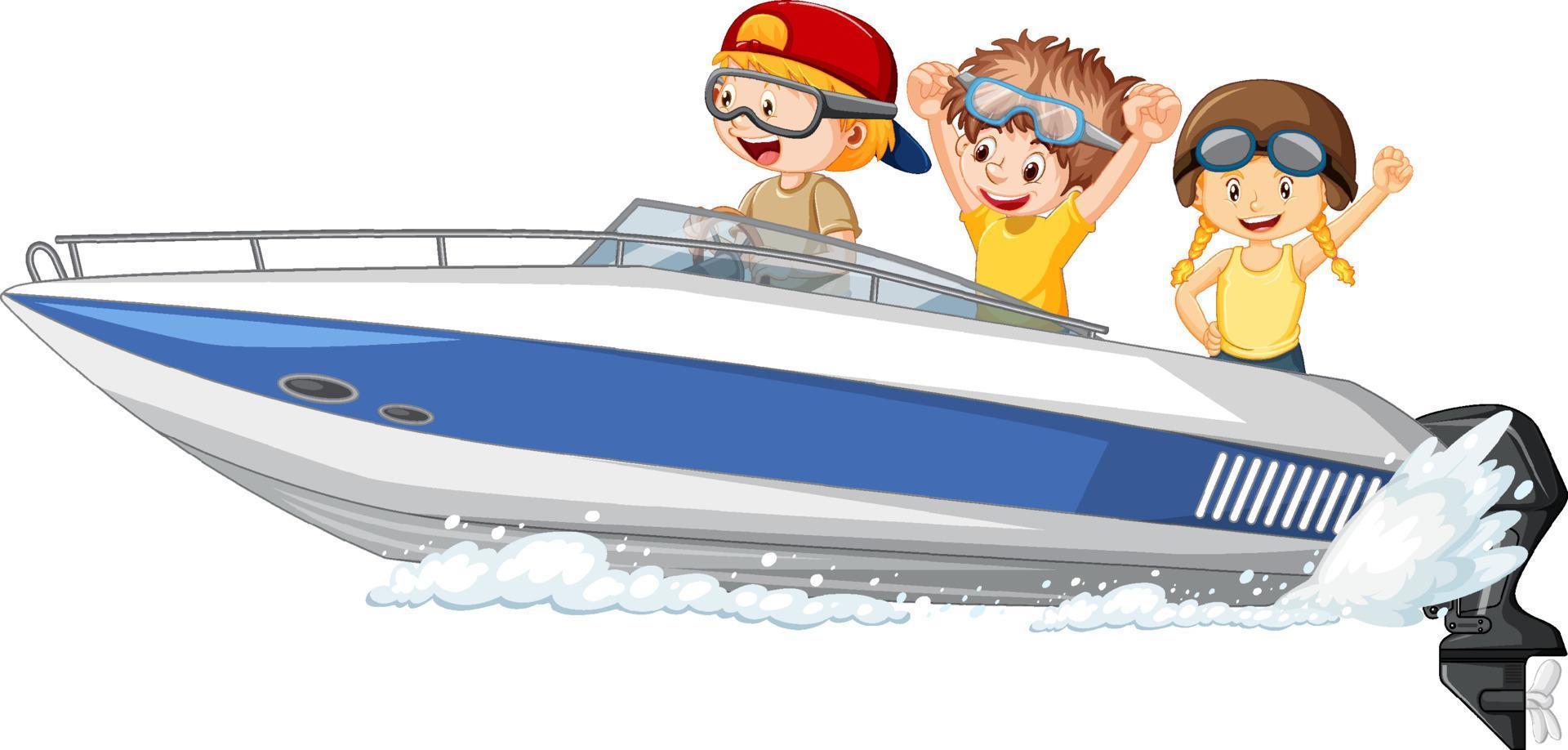 menino dirigindo um barco com seus amigos vetor