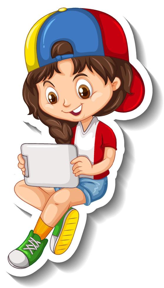 linda garota assistindo no personagem de desenho animado do tablet vetor
