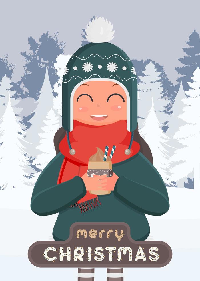 cartão postal de feliz natal. uma garota em um bosque nevado bebe uma bebida quente. uma mulher com roupas quentes de inverno tem uma xícara nas mãos. ilustração vetorial. vetor