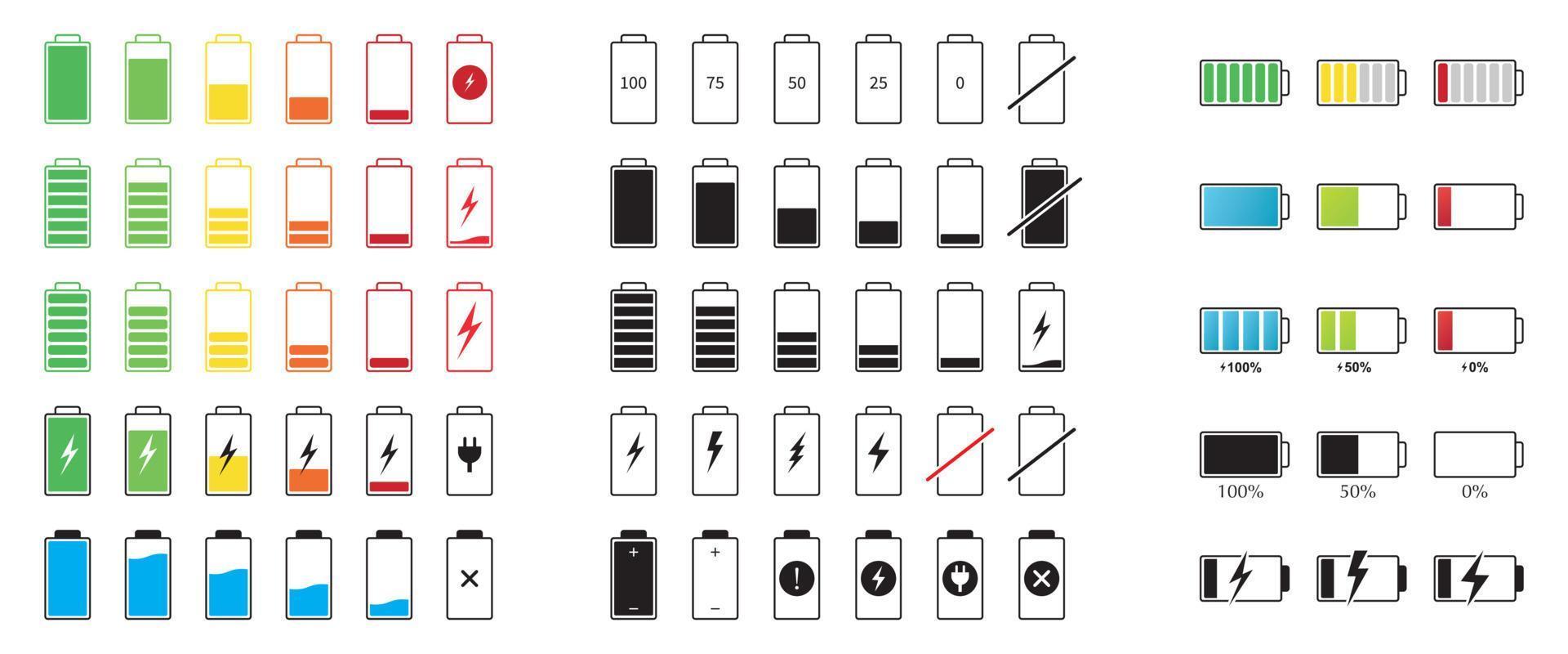 conjunto de ícones de bateria de capacidade. coleção de sinal de ilustração de nível de carga de telefone móvel em estilo simples. vetor