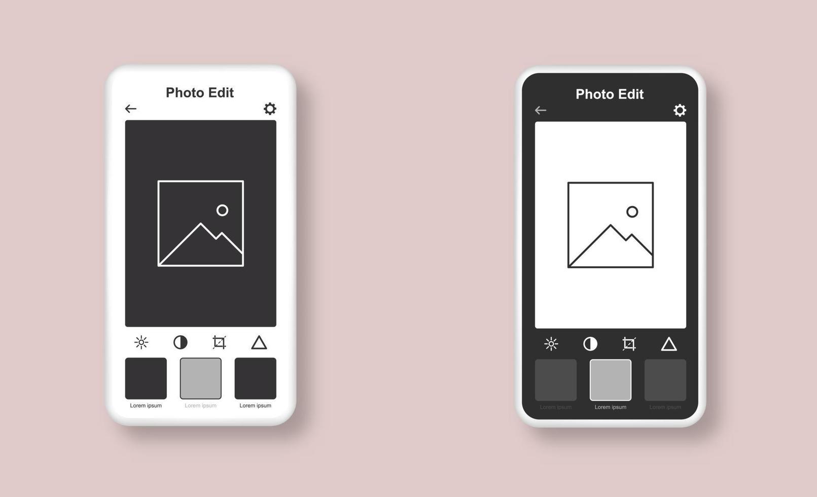 conjunto de modelo de editor de fotos. maquete de interface de smartphone com aplicativo móvel para editar foto. vetor