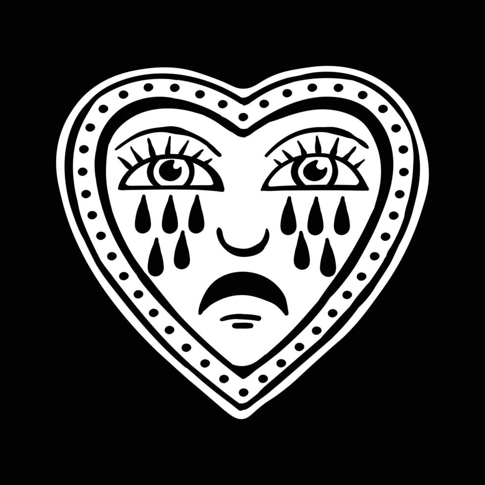 ilustração em preto e branco do coração choro impressa em camisetas, jaquetas, lembranças ou vetores sem tatuagem