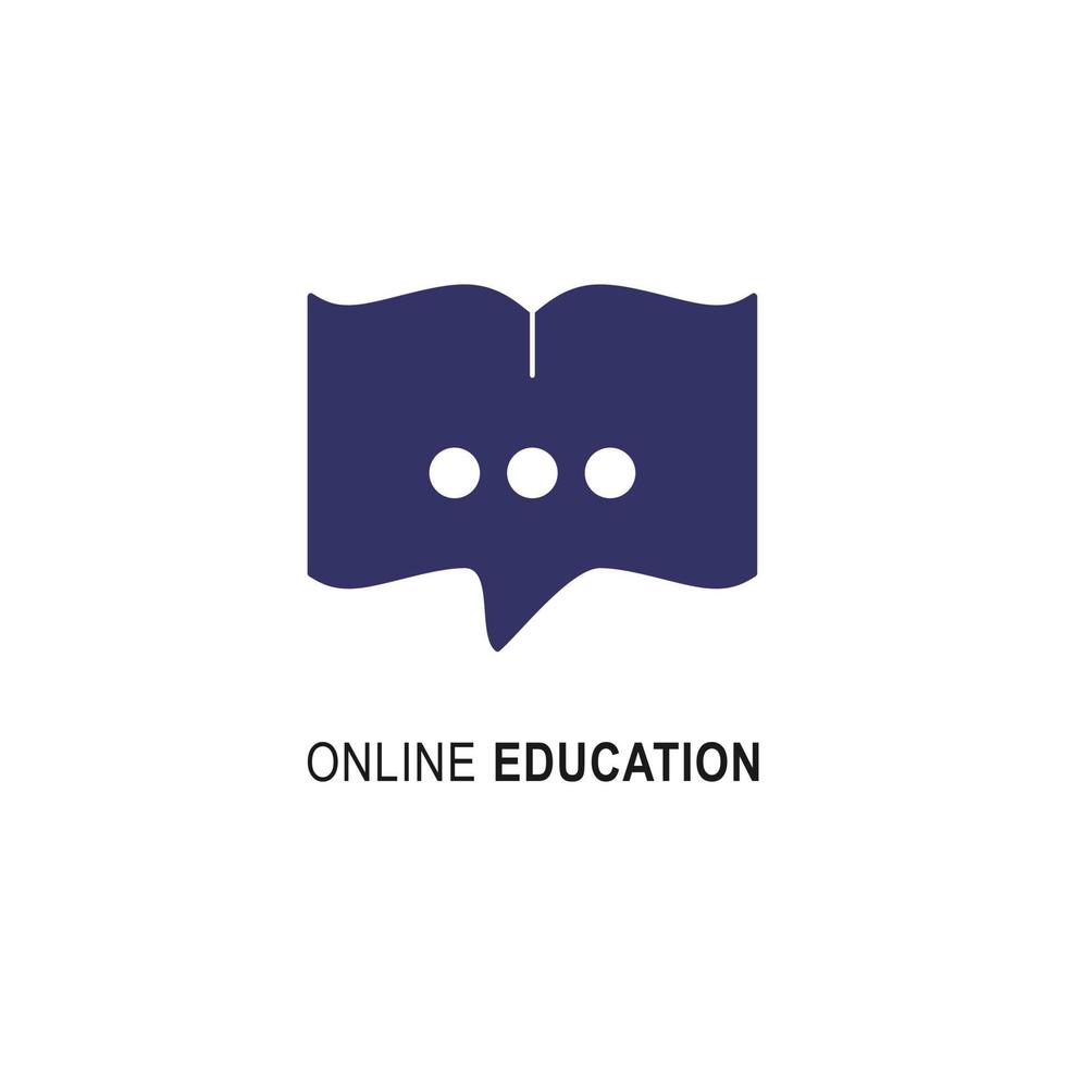 modelo de design de logotipo de educação online. ícone de livro com o emblema do bate-papo da bolha para cursos digitais, aulas e ilustração do vetor de escolas on-line. empresa de negócios, universidade online e conceito de e-learning