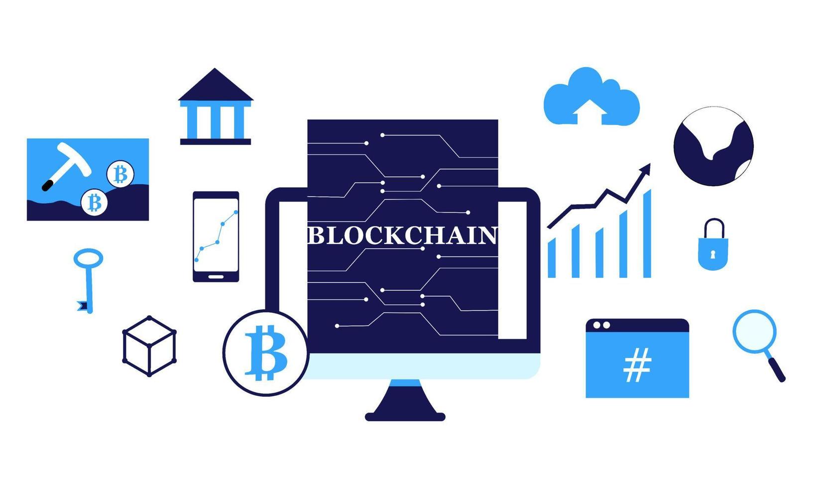 blockchain com ilustração de fundo vetorial de ícones. conceito de blockchain com conexões de rede globais legais. criptomoeda, dinheiro digital, contratos inteligentes, tecnologia moderna da Internet para negócios. vetor