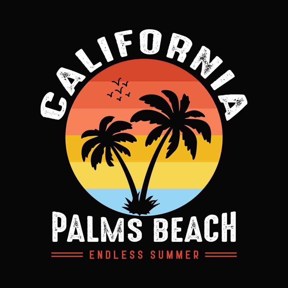 slogan de verão sem fim de california palms beach para vetor de design de camiseta. camiseta de verão