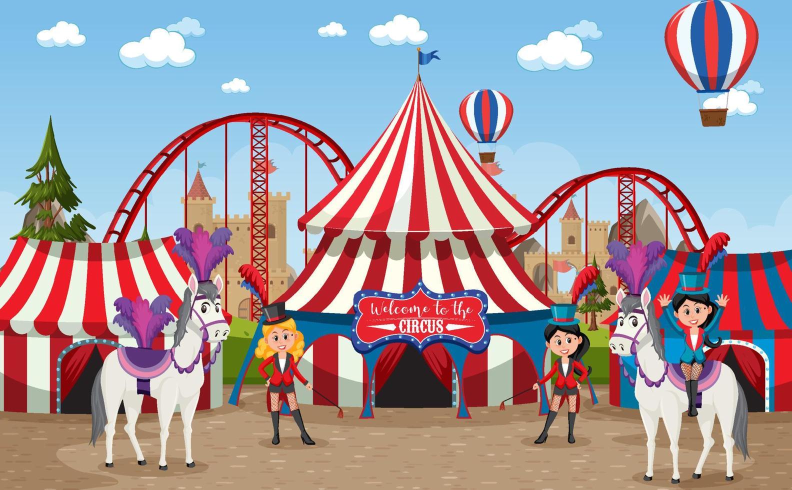 cena de parque de diversões com roda gigante e cúpula de circo vetor